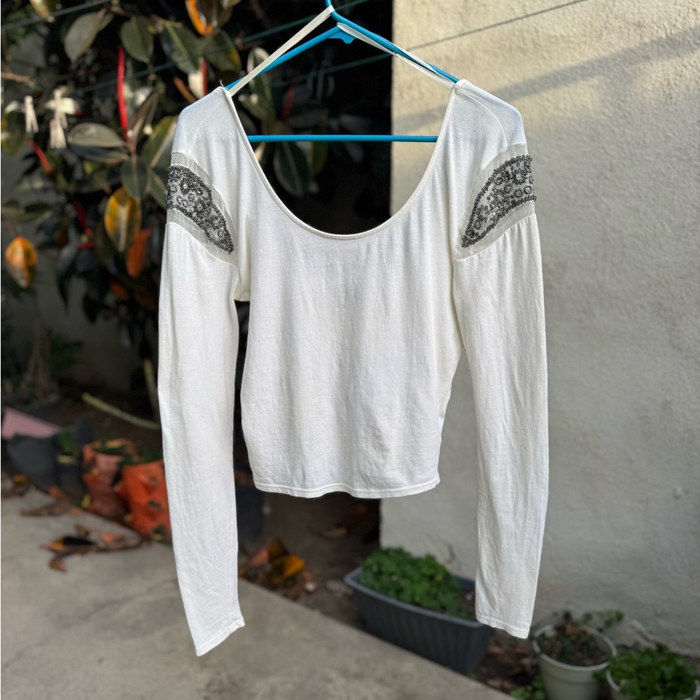 Urban Outfitters Cream/White Beaded Shoulder Crop Top Sparkle + Fade Size Medium